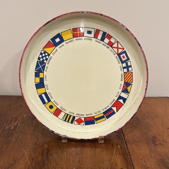 The Unbranded Brand Other - Vintage Boat Cocktail Serving Tray Rim Nautical Flag Coastal Beach Decor, Rare